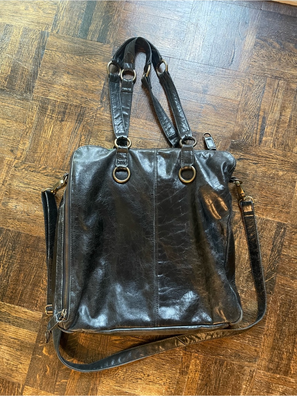 Latigo Black Leather Tote Bag with Shoulder Strap